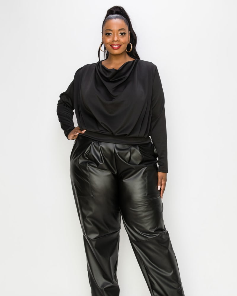 Front of a model wearing a size 2X Noelle Cowl Neck Top in Black by L I V D. | dia_product_style_image_id:241373